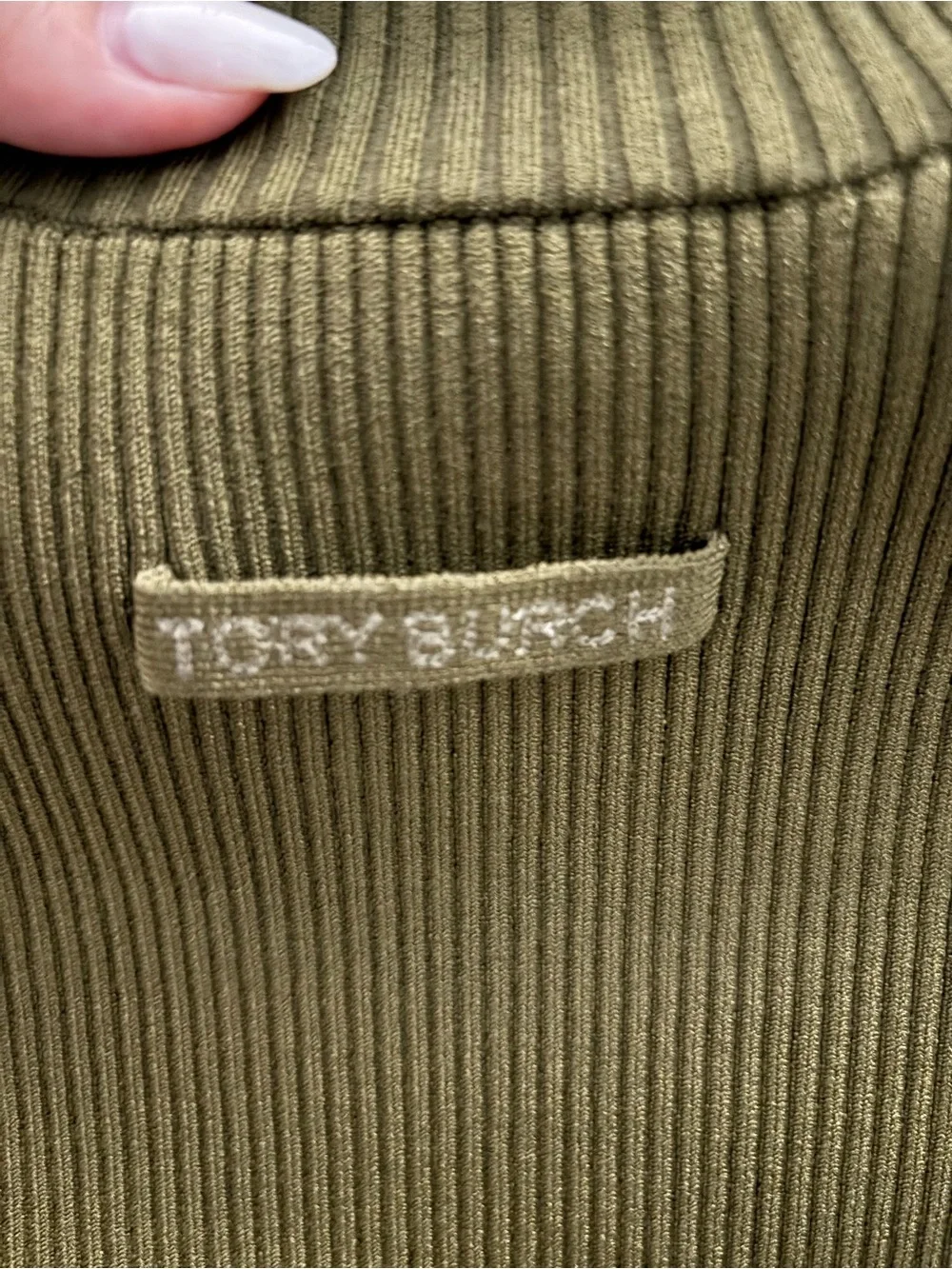 Tory Burch Half Zip Olive Green Short-Sleeve Ribbed Zip Mock-Neck Top
